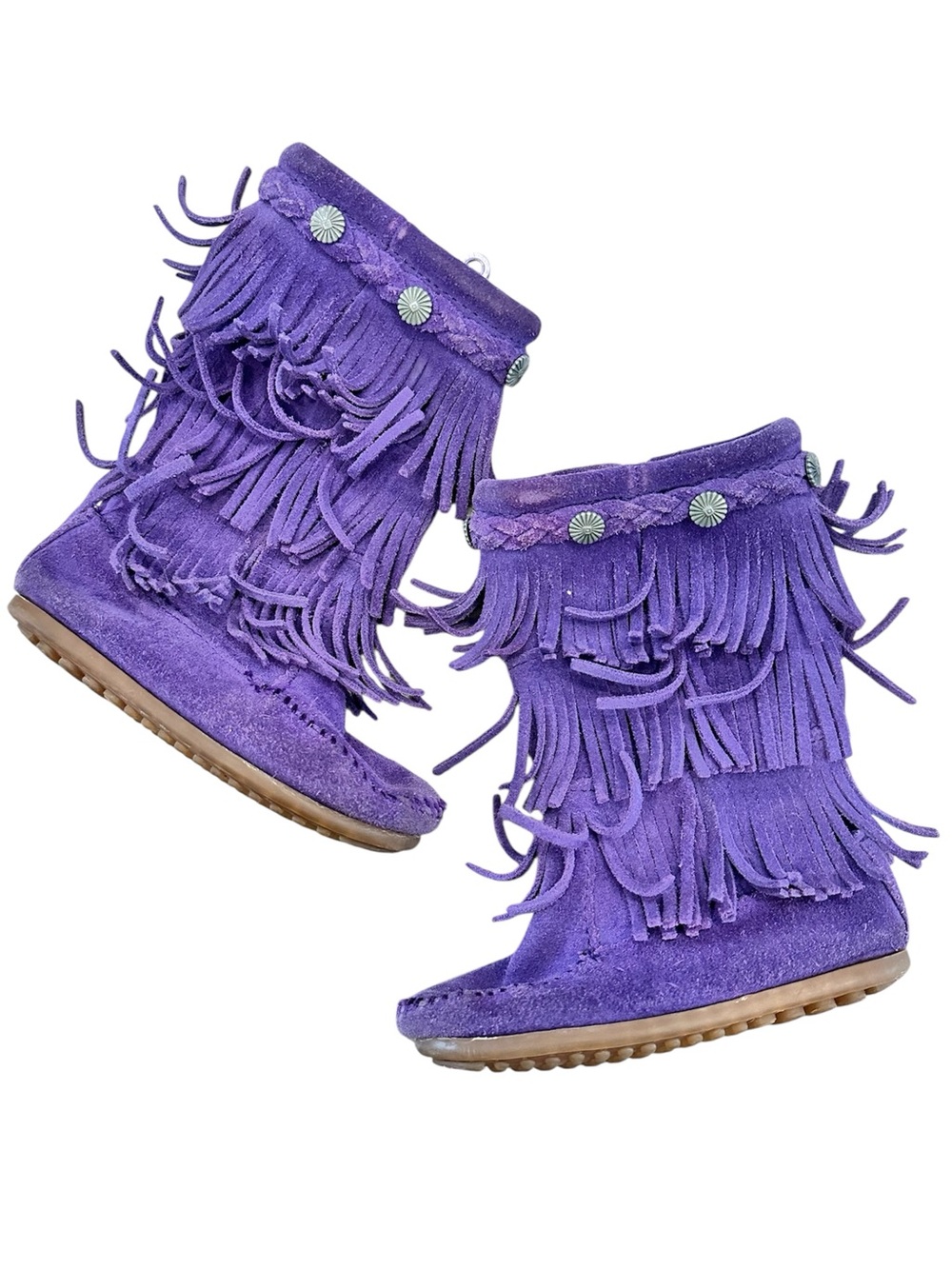 MINNETONKA Purple Triple Fringe Kids Moccasin Boots Size 9
